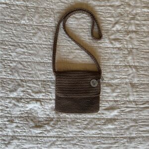 The Sak Taupe/Brown Crochet Shoulder Bag Zip Closure Logo Charm Classic Accent